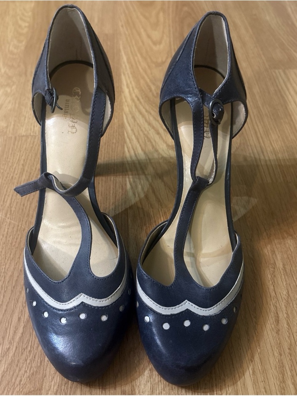 Classic Navy T-Strap Pumps with White Accent